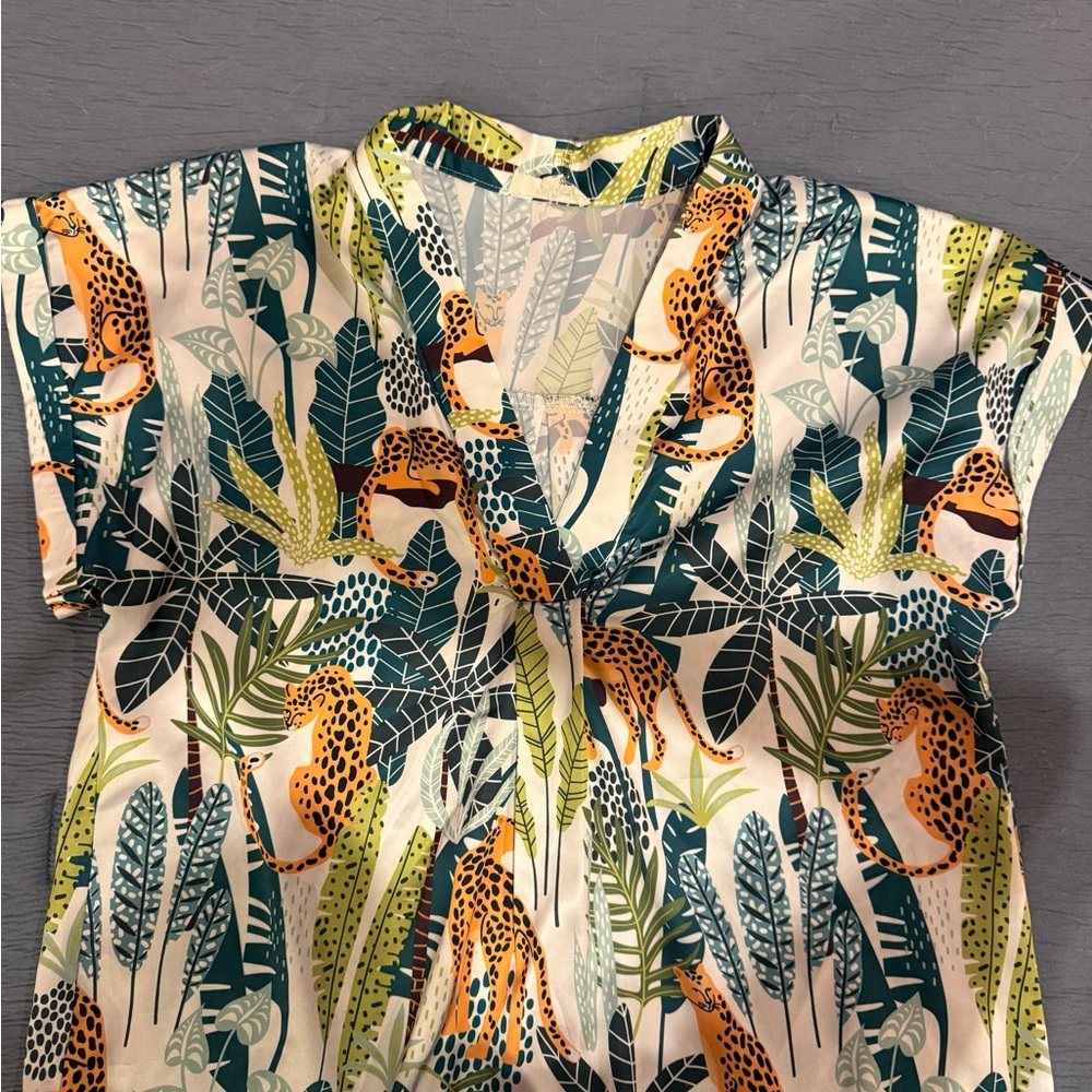 SOLD Entro Leaf Print Blouse in Green and Blue